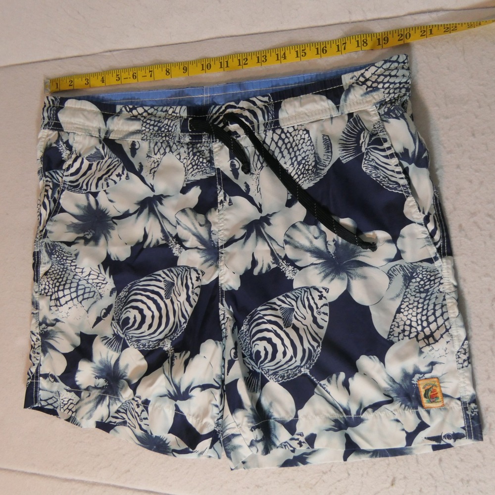 Tommy Bahama Mens Swim Trunks M Blue Tropical Fish Hibiscus Beach Surf Vacation